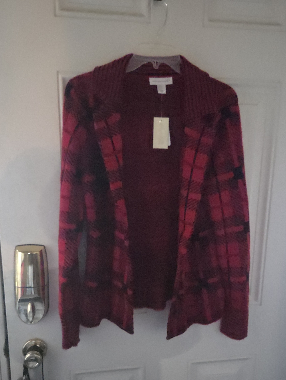 Christopher and Banks Red Plaid Open-Front Women's Sweater Cardigan